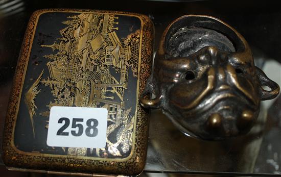 Japanese bronze childs nightlight and a Japanese damascene Komai-style cigarette case